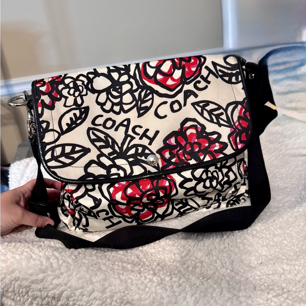 Coach Black and Red Floral Satchel